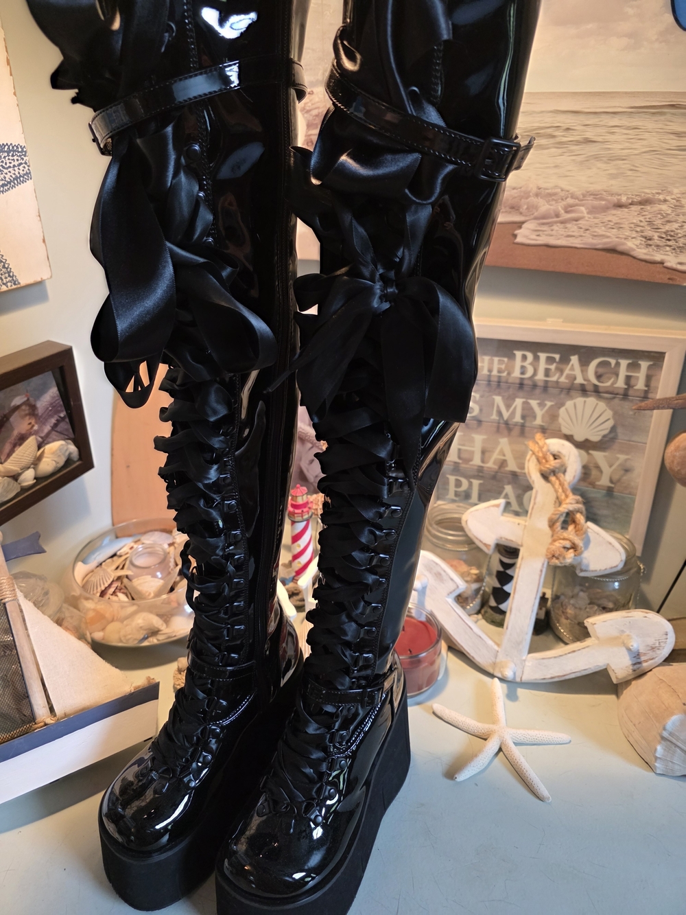 Demonia Black Patent Lace-Up Platform Knee-High Boots with Satin Ribbon